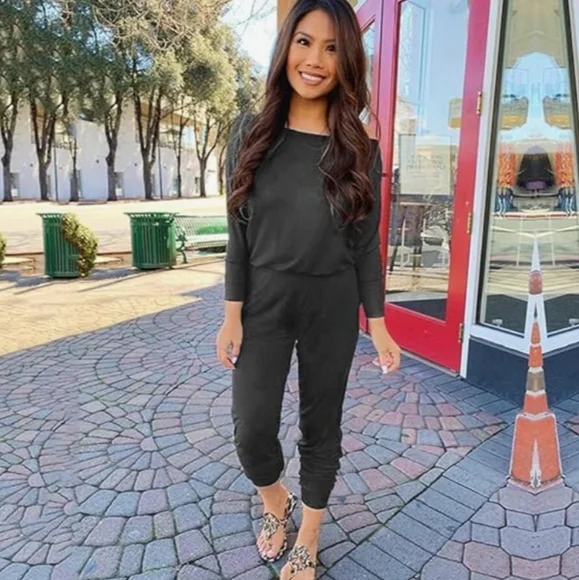 Women's Casual Long Sleeve Jumpsuit Crewneck Off Shoulder Elastic Waist Stretchy - Picture 2 of 7